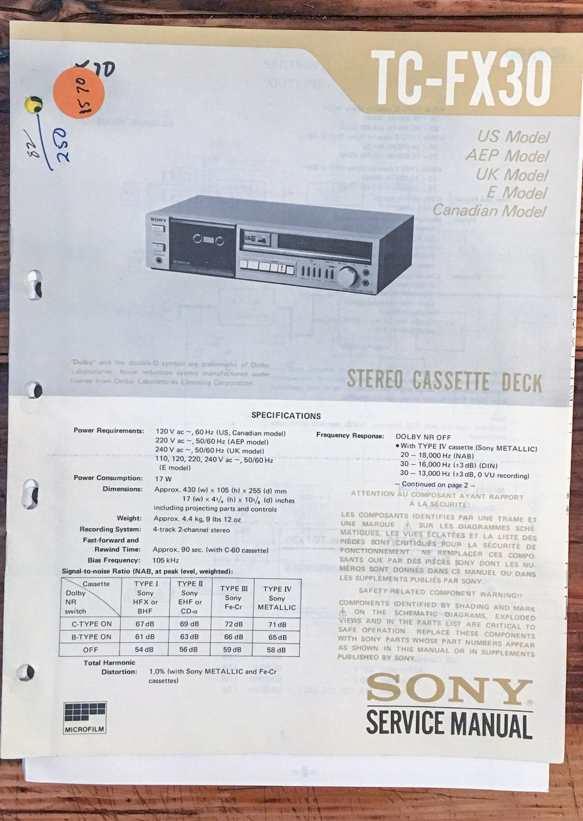 Sony TC-FX30 Cassette Player  Service Manual *Original*