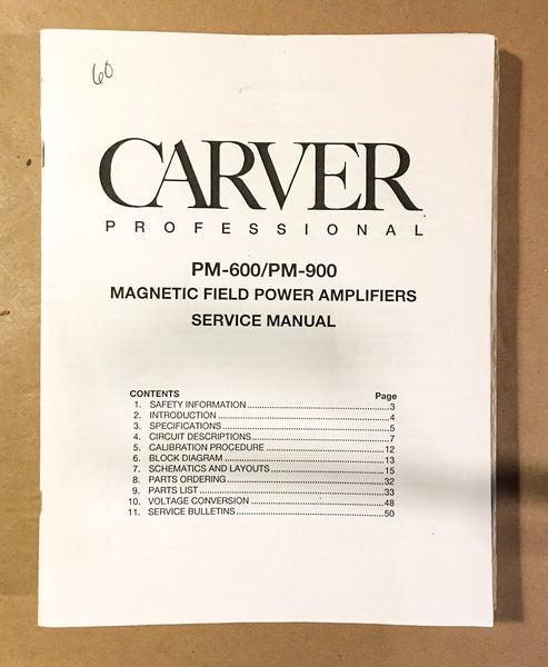 Carver PM-600 PM-900 Amplifier  Service Manual *Original*