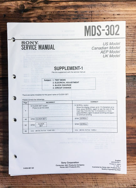 Sony MDS-302 Mini Disc MD Recorder  Service Manual Supplement 1 *Original*