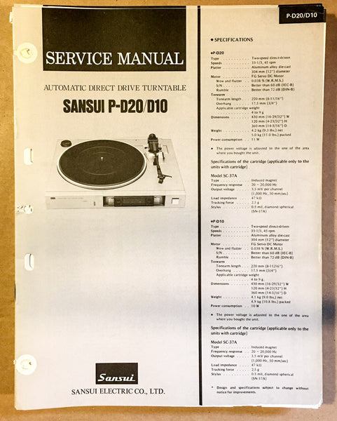 Sansui P-D20 P-D10 Record Player / Turntable Service Manual *Original* #1