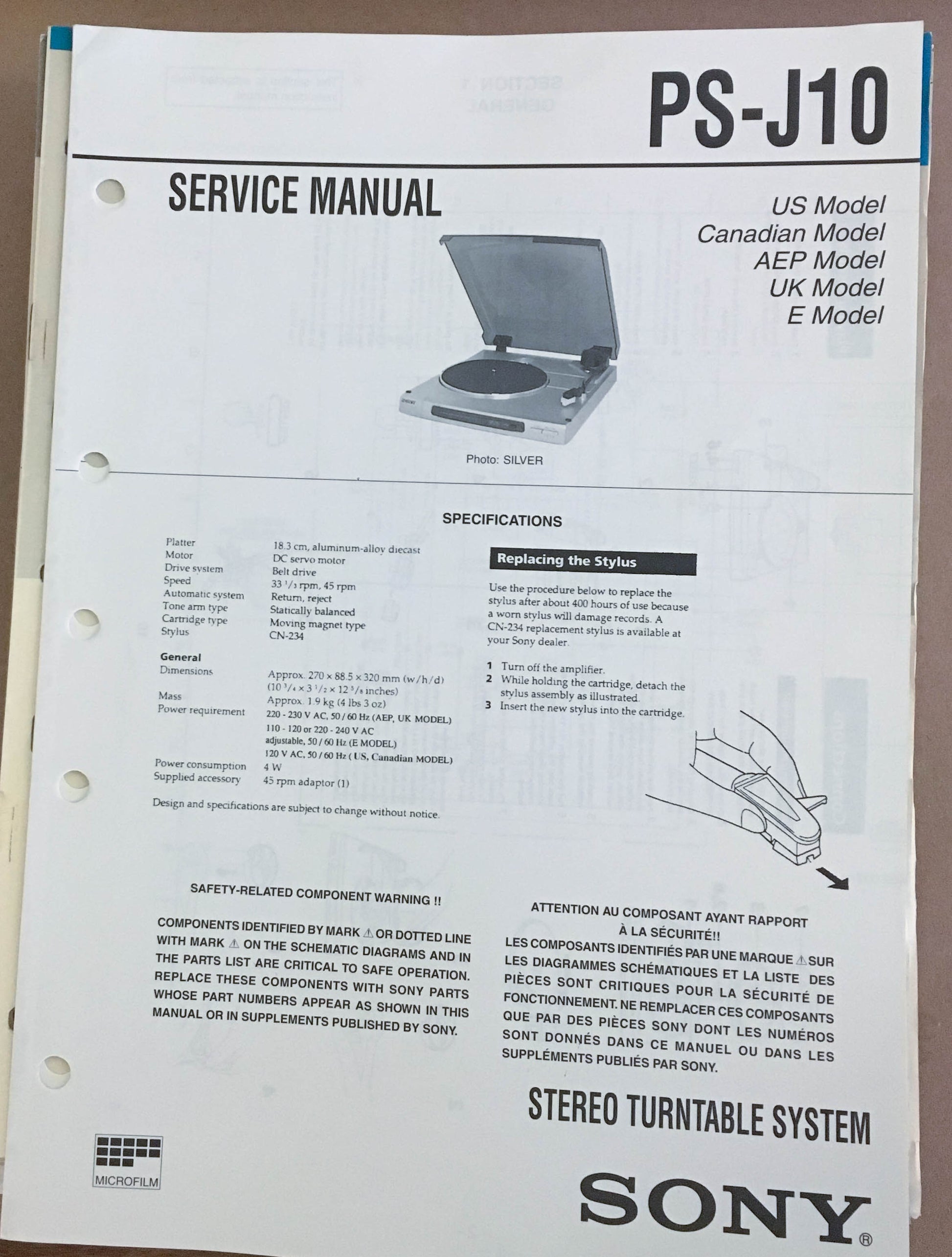Sony PSJ10 Turntable Record Player Service Manual *Original* Vintage Audio Store Vintage