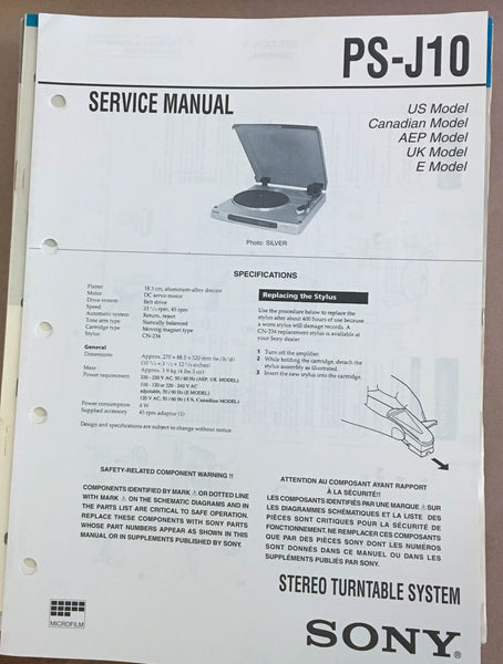 Sony PS-J10 Turntable Record Player  Service Manual *Original*