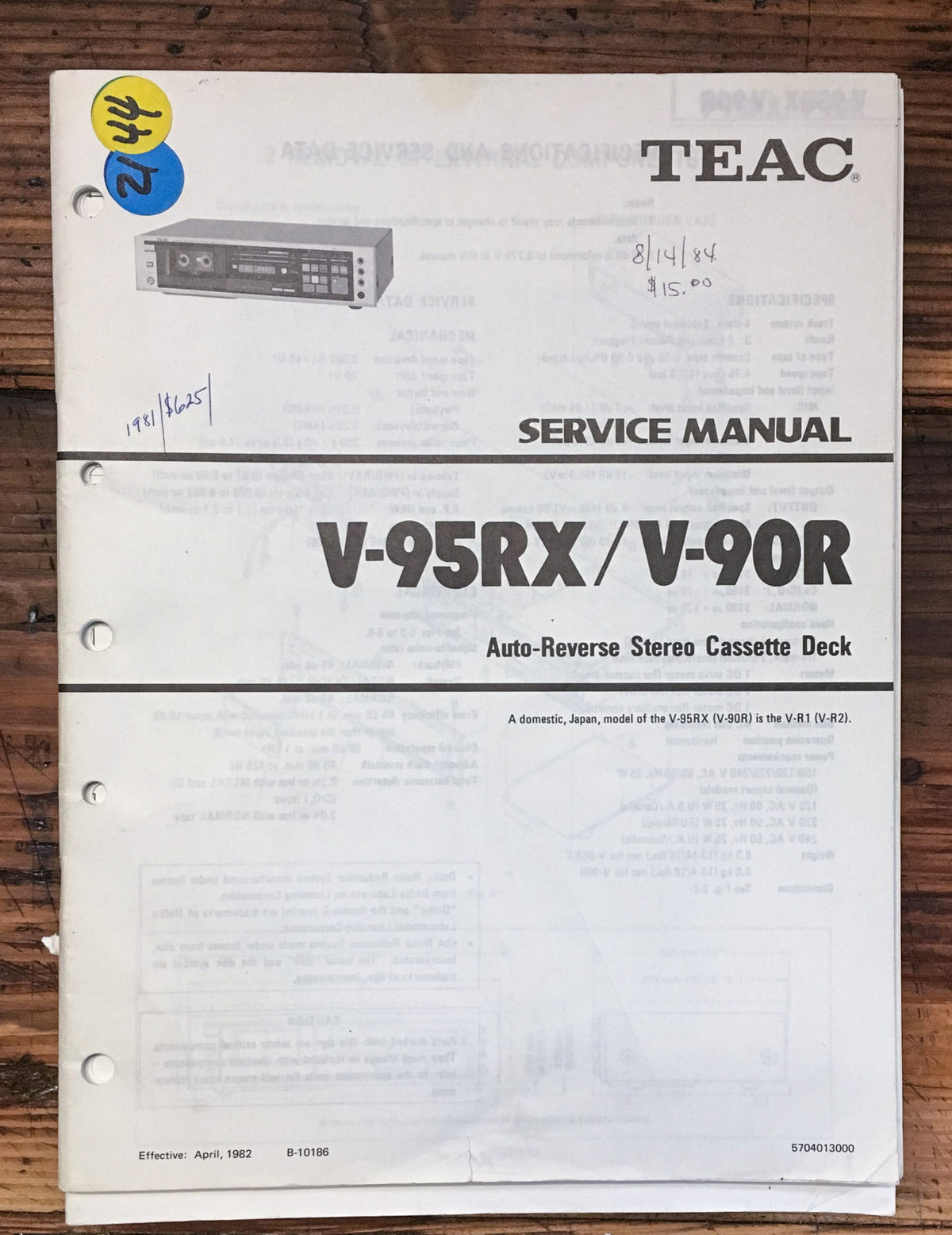 Teac V-95RX V-90R Cassette  Service Manual *Original*