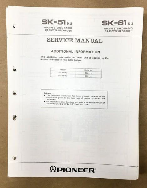 Pioneer SK-51 SK-61 Radio Cassette Supplemental Service Manual *Original*