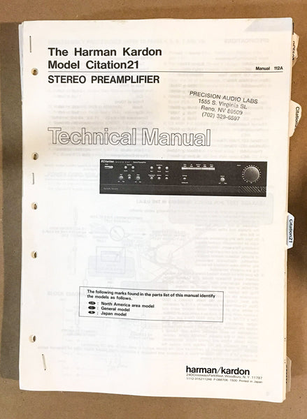 Harman Kardon Citation 21 Preamp / Preamplifier Service Manual *Original* #1