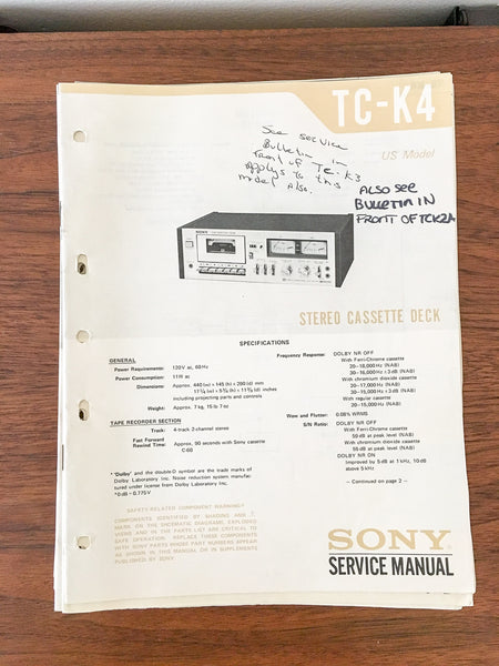 Sony TC-K4 Cassette Service Manual *Original*