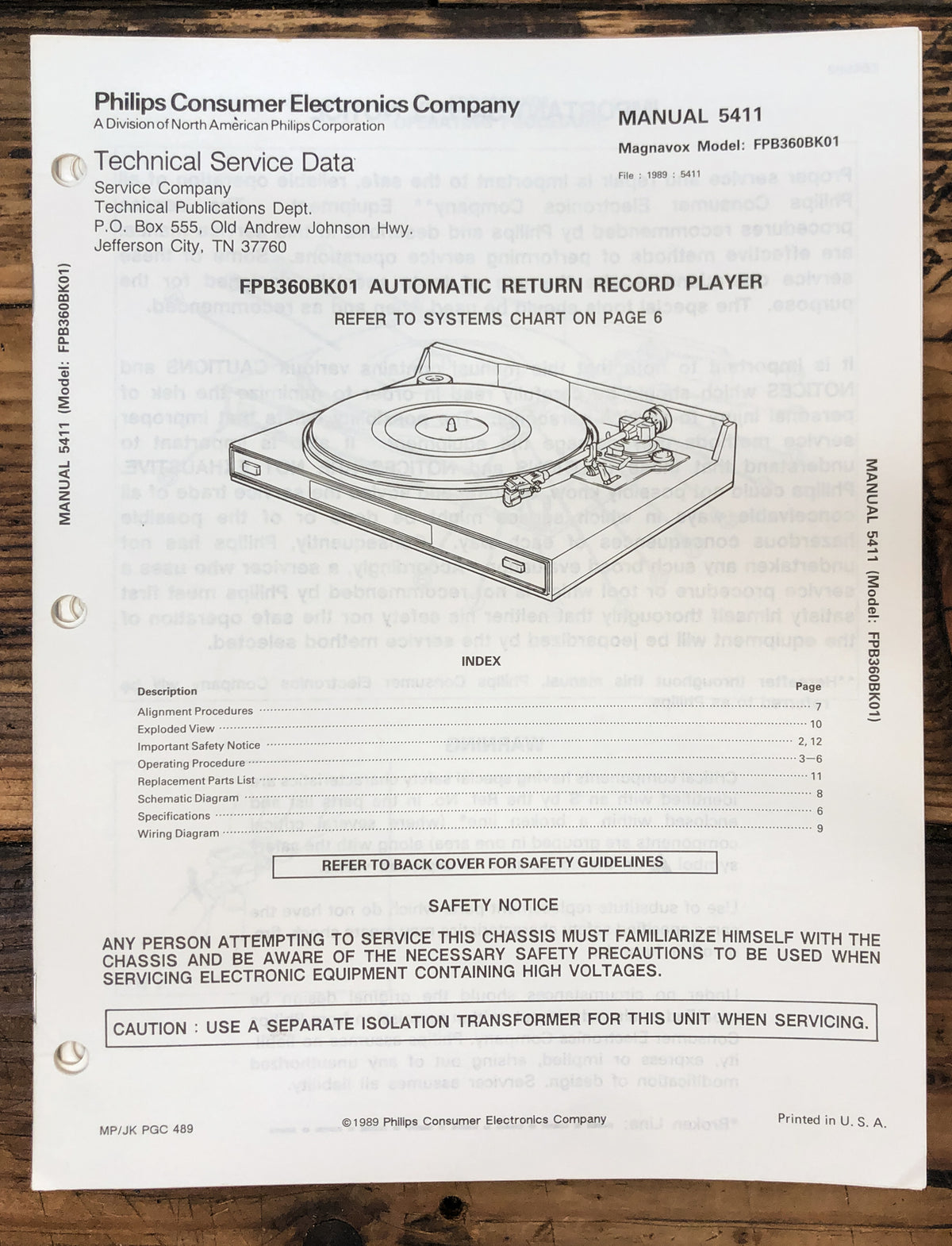 Magnavox FPB360 FPB-360 Record Player / Turntable  Service Manual *Original*