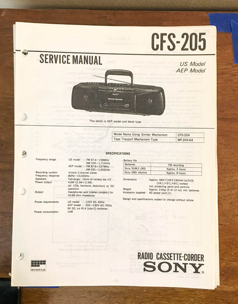 Sony CFS-205 Stereo Cassette Recorder Service Manual *Original*