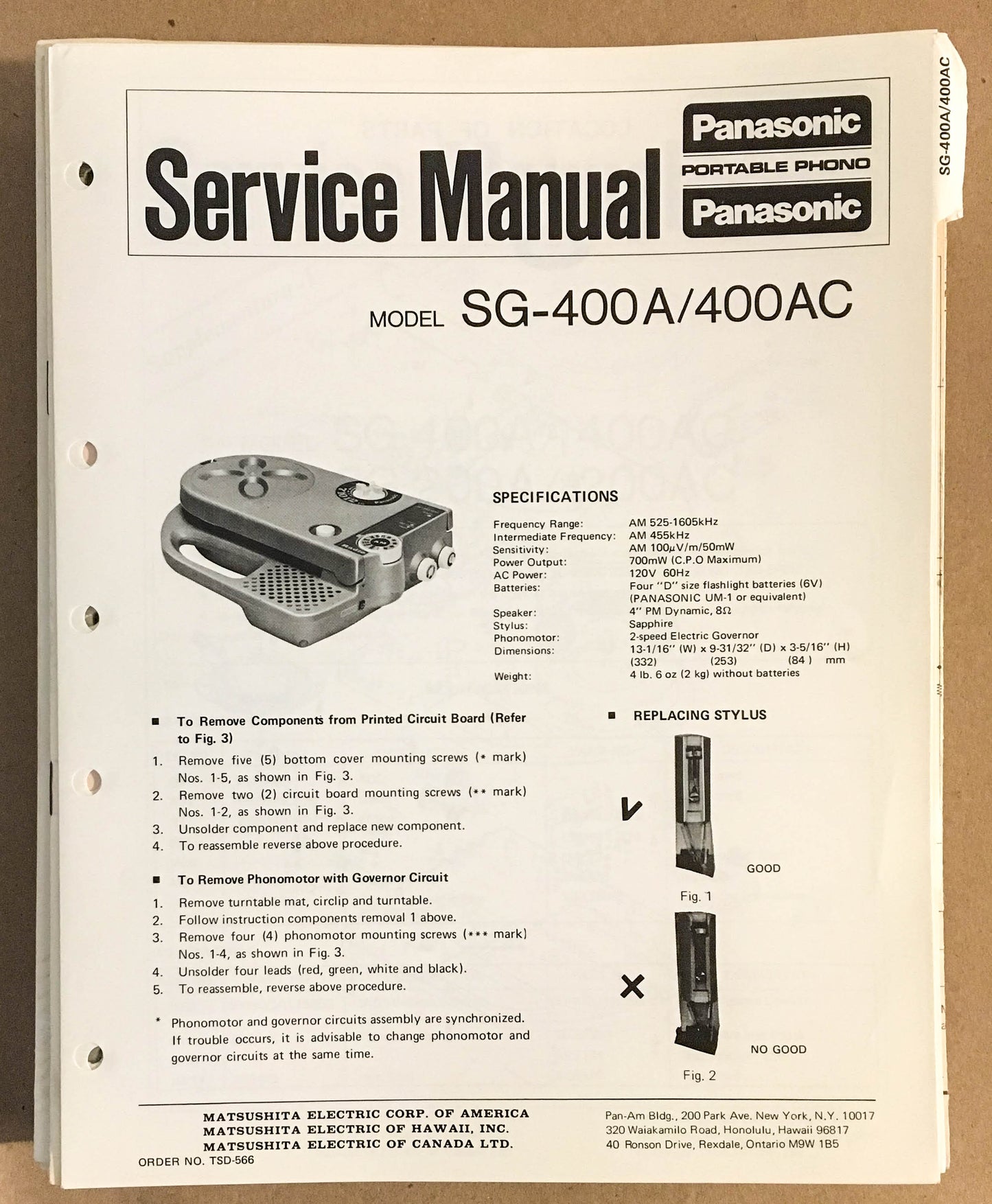 Panasonic SG-400A SG-400AC Radio / Record Player   Service Manual *Original*