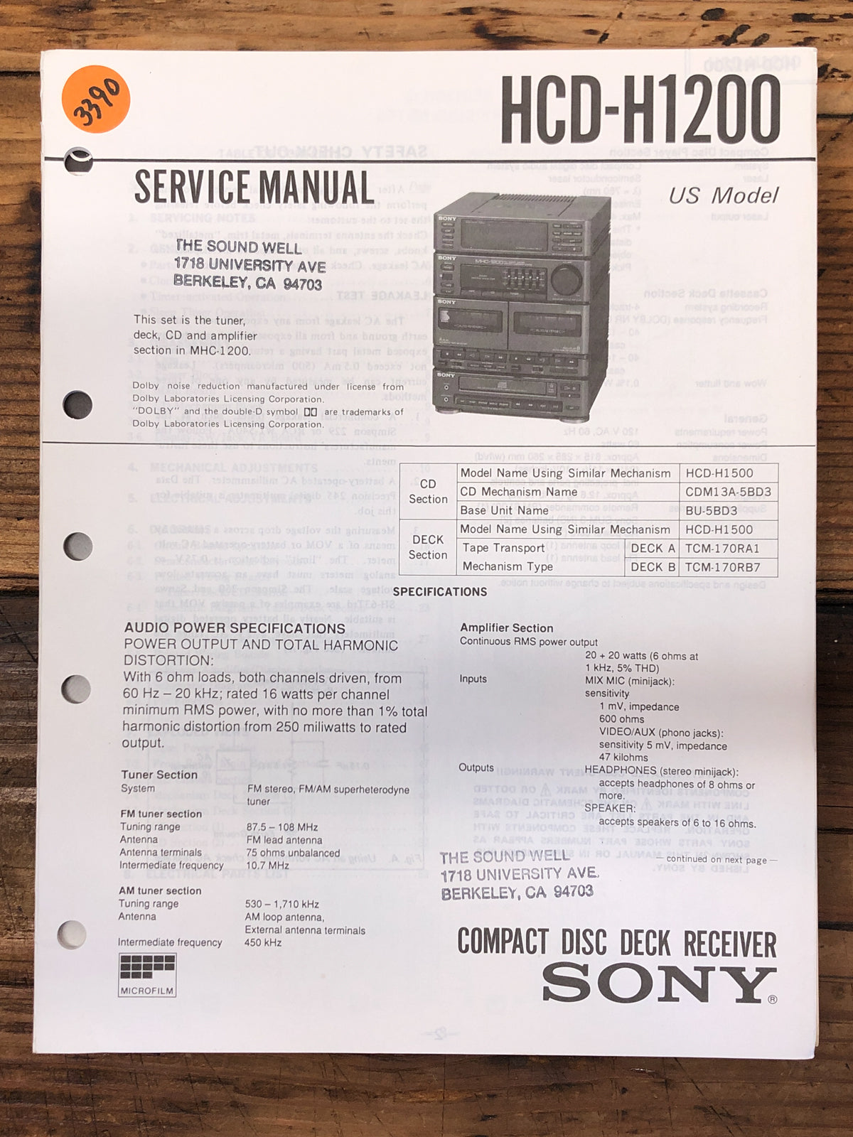 Sony HCD-H1200 Stereo  Service Manual *Original*