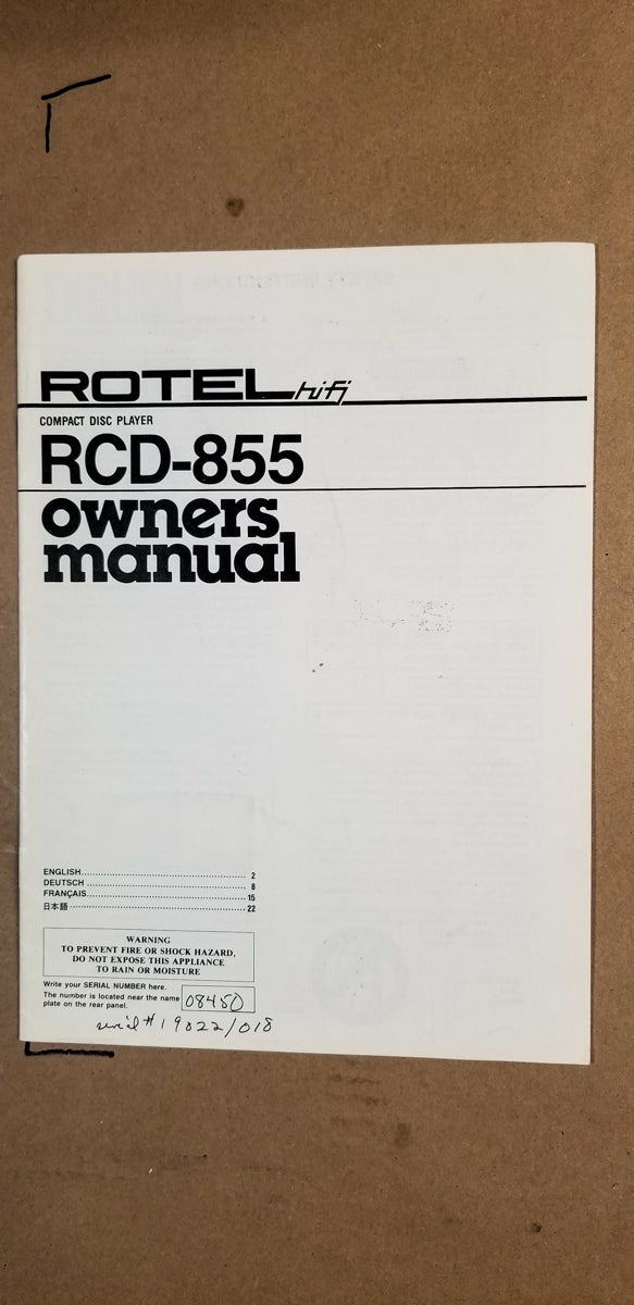 Rotel RCD-855 CD Player Owners Manual *Original*
