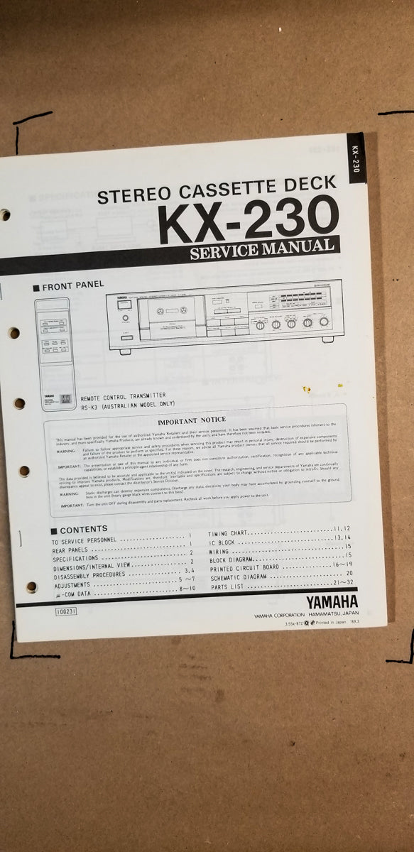 Yamaha KX-230 Cassette Service Manual *Original*