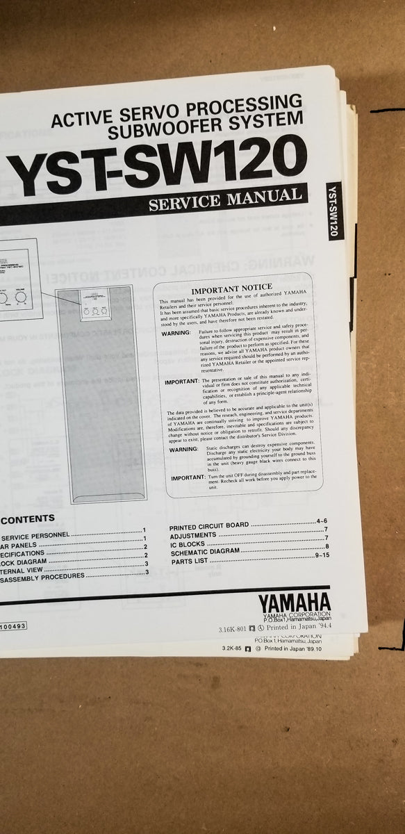 Yamaha YST-SW120 Subwoofer Service Manual *Original*