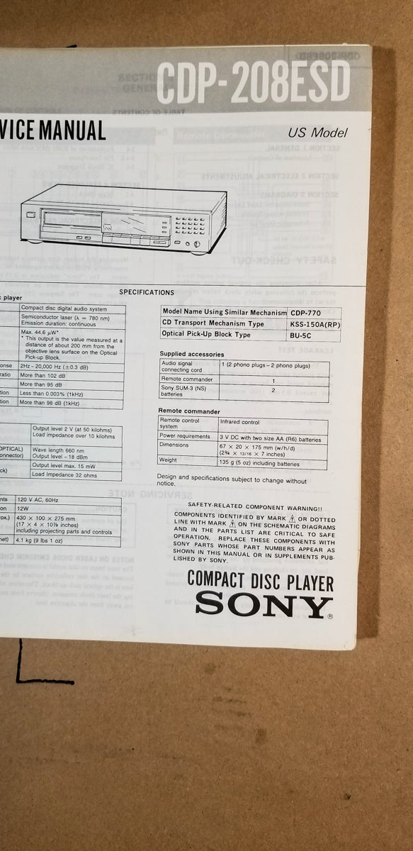 Sony CDP-203 / CDP-203ES CD Player Service Manual *Original*
