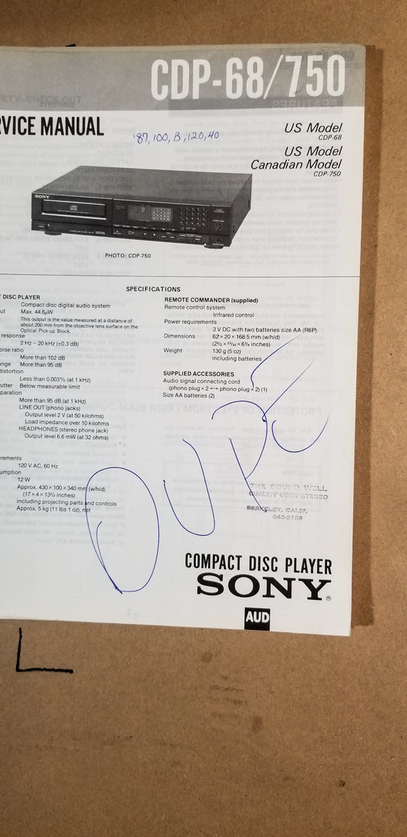Sony CDP-110 CD Player Service Manual *Original*