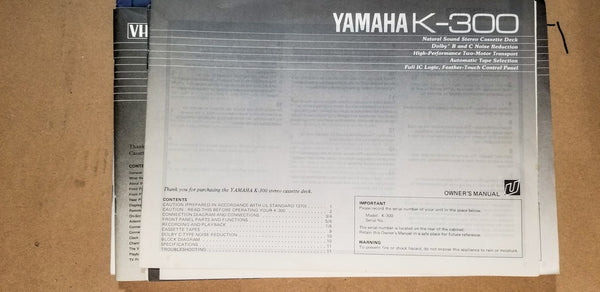 Yamaha K-300 Cassette  Owners Manual *Original*