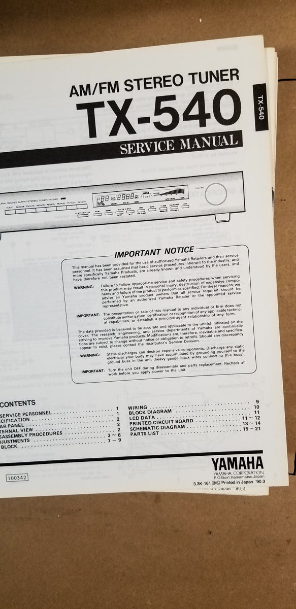 Yamaha TX-540 Tuner Service Manual *Original*