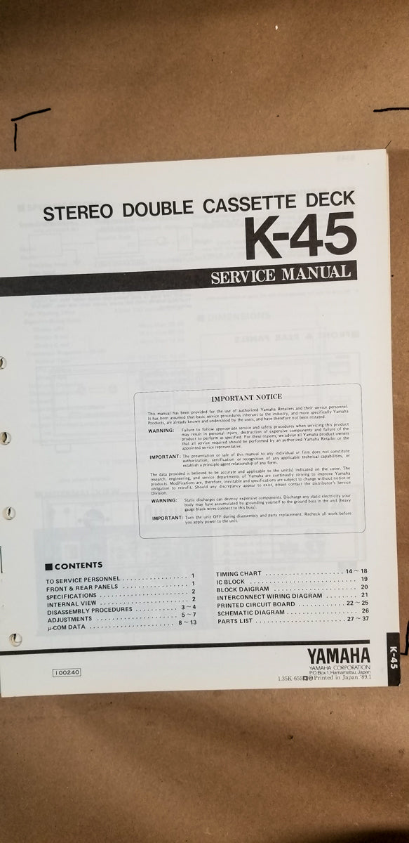 Yamaha K-45 Cassette Deck Service Manual *Original*