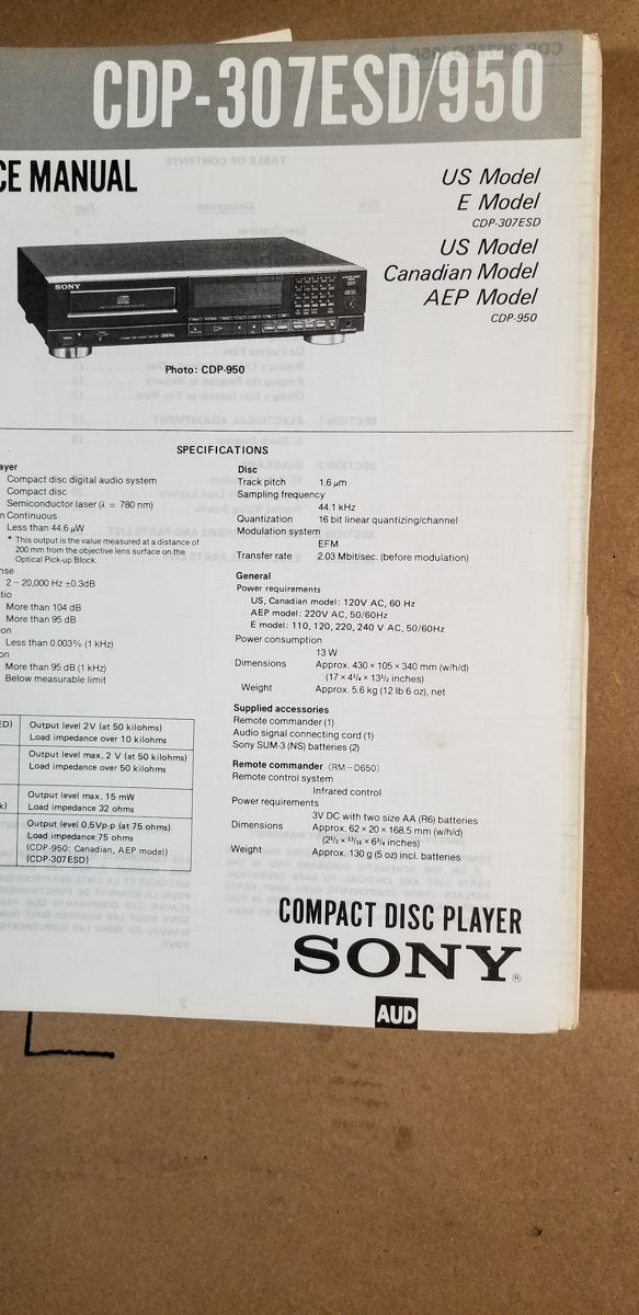 Sony CDP-307ESD / CDP-950 CD Player Service Manual *Original*