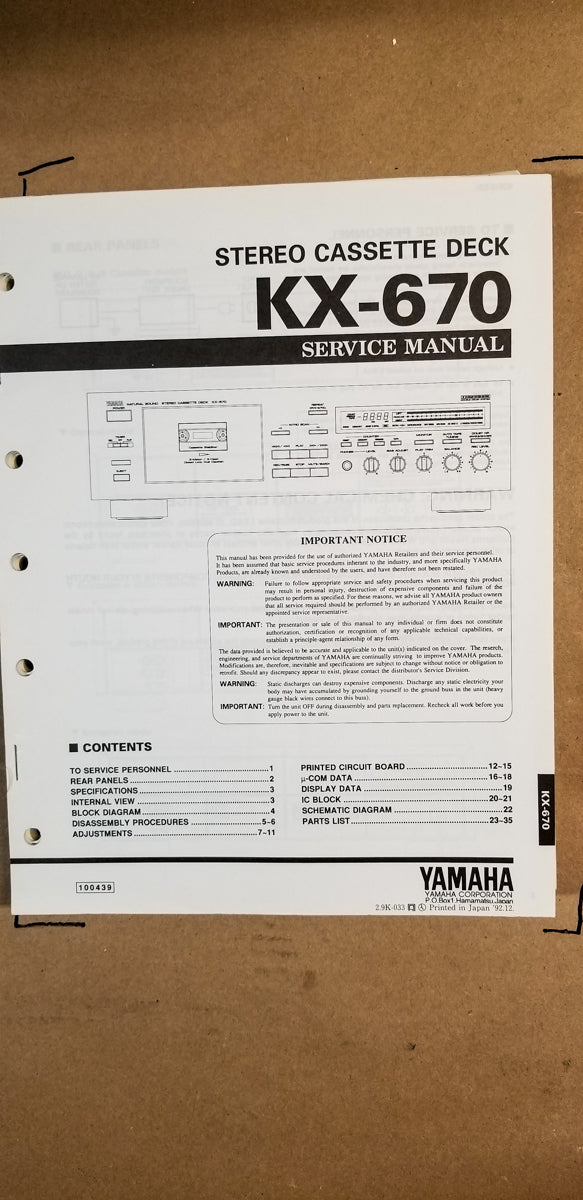 Yamaha KX-670 Cassette Service Manual *Original*