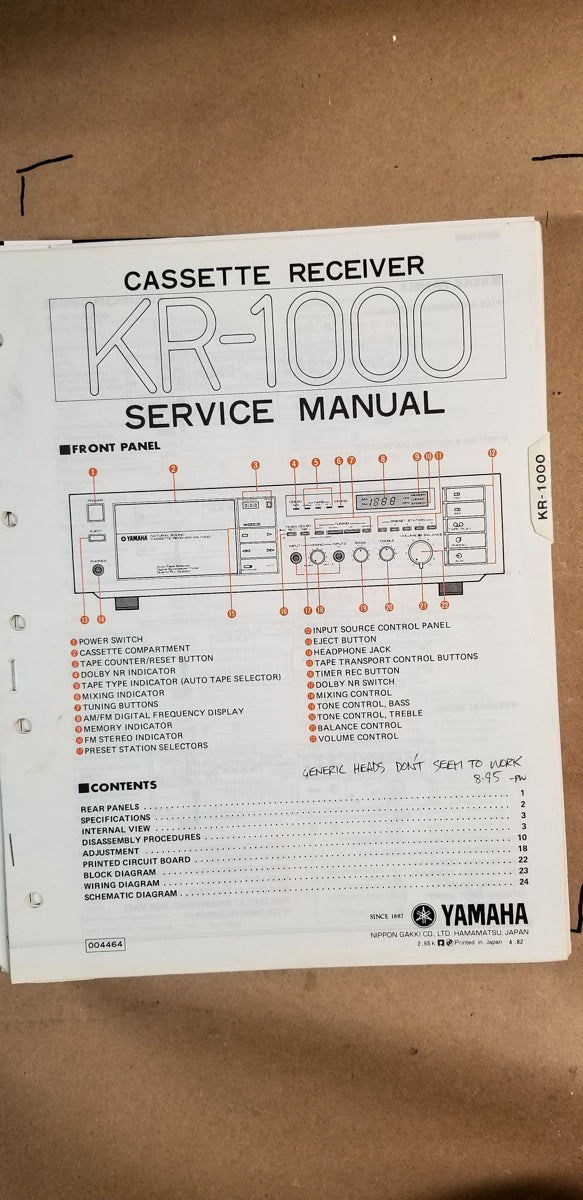 Yamaha KR-1000 Cassette Service Manual *Original*