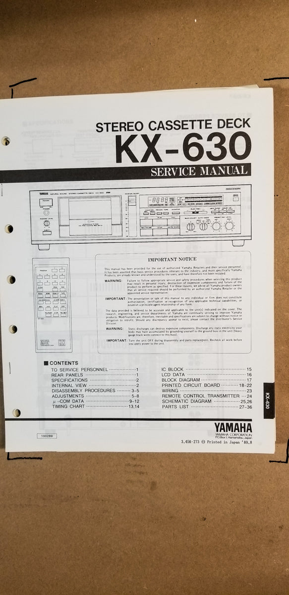 Yamaha KX-630 Cassette Service Manual *Original*