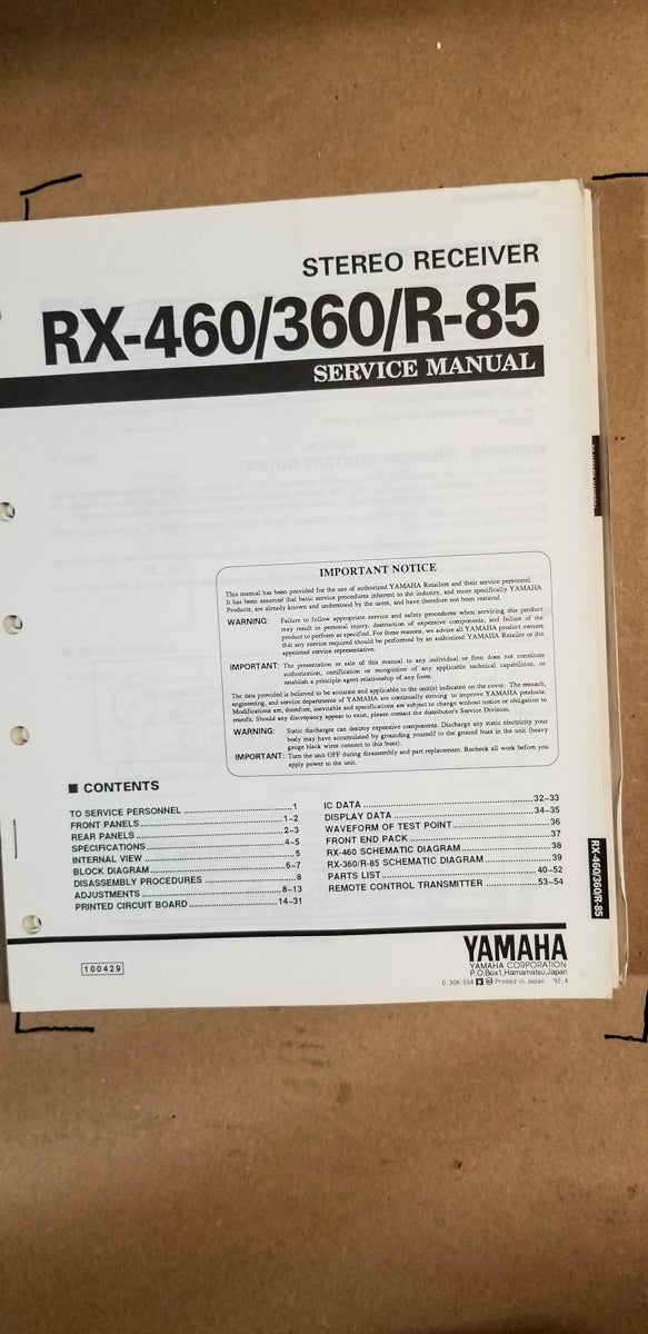 Yamaha RX-460 / RX-360 / R-85 Receiver Service Manual *Original*
